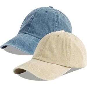 Unisex Denim Blue + Khaki Baseball Cap Cotton Fits Washed Denim Adjustable Hat